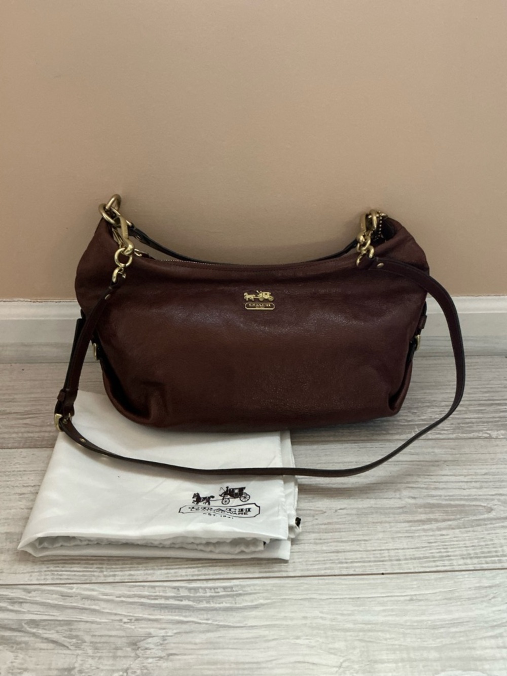 Coach Deep Brown Leather Shoulder Bag with Gold-Tone Hardware